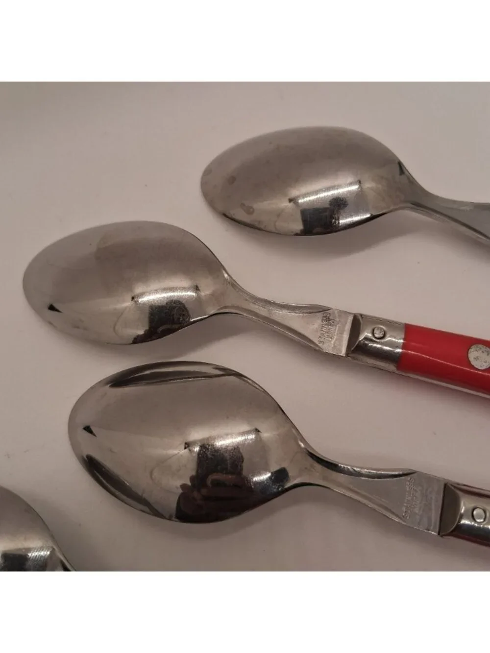 Set Of 5 Vintage Tea Spoons Red Handled Stainless Steel Made In Korea